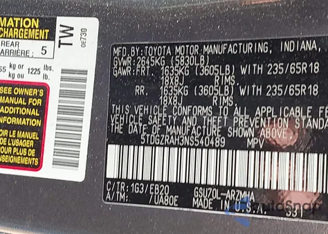 2022 Toyota Highlander Xle from USA, damaged, VIN 5TDGZRAH3NS540489